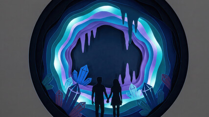 Couple silhouette papercut art fantasy cave with glowing crystal light romantic tunnel mysterious portal dreamlike scene adventure together