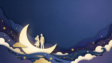Couple silhouette papercut art night sky fantasy moonlight dream romance love scene