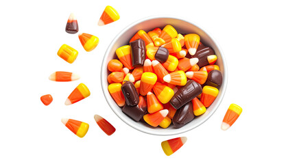 A white bowl overflowing with assorted candy treats, some scattered