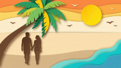 Couple silhouette papercut art beach sunset romantic walk under palm tree warm sky ocean wave holiday travel concept illustration