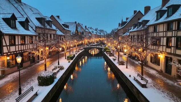 Winter Wonderland in Colmar, France - Charming Canal and Snow-Covered Half-Timbered Houses at Dusk.