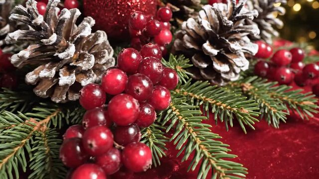 Smooth top down cinematic dolly shot gliding across a perfectly composed holiday arrangement featuring spruce tips frosted pinecones and glossy cranberry clusters on red velvet display, luxury, wide