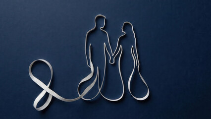 Couple silhouette papercut art romantic ribbon outline love minimal design modern style elegant concept on dark background