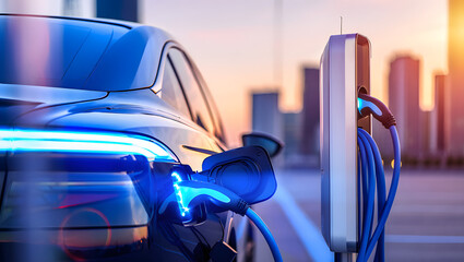 Electric car charging station with glowing blue cable and futuristic cityscape in background