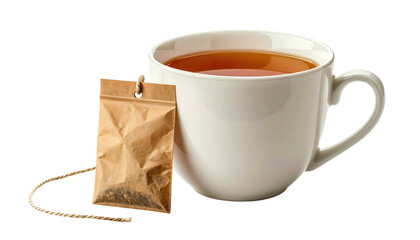 Creamy white mug with amber tea next to a tea bag