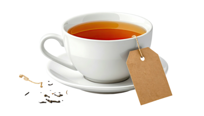 White teacup filled with amber liquid, tea bag tag visible