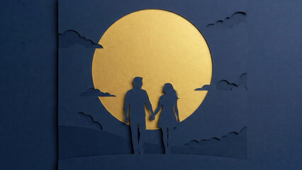 Couple silhouette papercut art romantic night sky moonlight love holding hand dreamlike landscape serene design