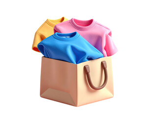 Three colorful shirts spilling out of a tan shopping bag