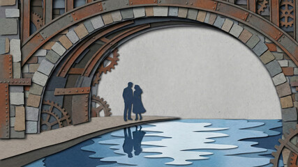Couple silhouette papercut art romantic river reflection under bridge gear detail fantasy mood