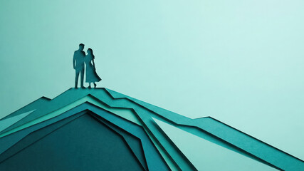 Couple silhouette papercut art romantic love mountain landscape minimal pastel teal dreamlike scene with depth and shadow play