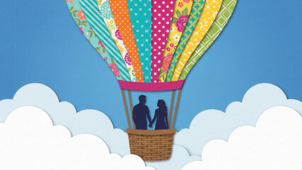 Romantic couple silhouette papercut art hot air balloon sky cloud love travel