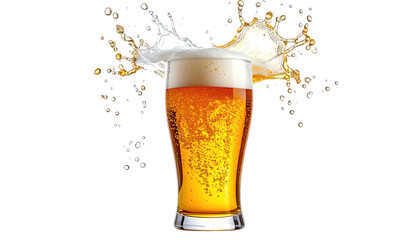 Glass of golden ale overflowing, with droplets and foam explosion