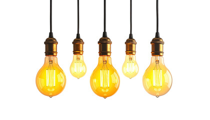 Five glowing pendant light bulbs on black background