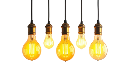 Five glowing pendant light bulbs on black background