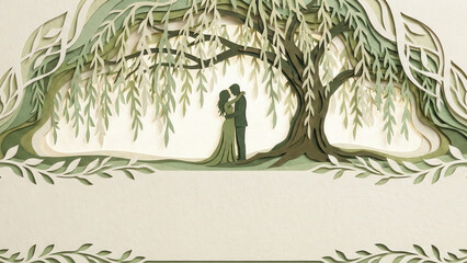 Couple silhouette papercut art romantic embrace under willow tree elegant wedding scene tender love moment serene nature