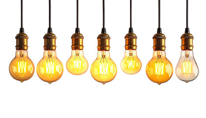 Seven glowing light bulbs hang against a black background