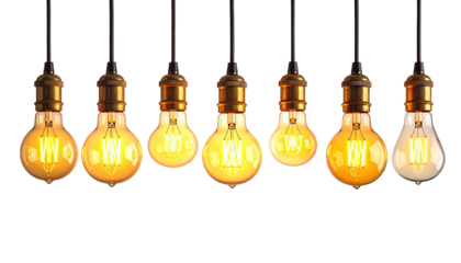 Seven glowing light bulbs hang against a black background