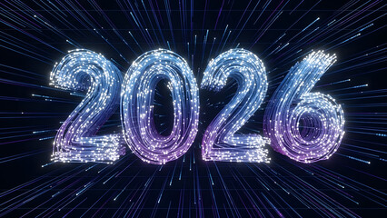Futuristic 2026 numbers made of glowing light particles and lines in dark space