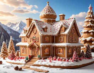 Gingerbread house in a snowy landscape with mountains and evergreen trees