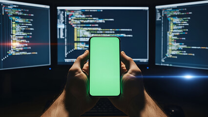 Hands holding smartphone with green screen in front of computer screens displaying code
