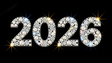 Sparkling 2026 numbers made of diamonds and pearls on black background with glitter
