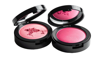 Two open compacts of pink blush, one with loose powder, on black