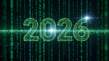 Digital 2026 numbers made of circuits and binary code on dark green background