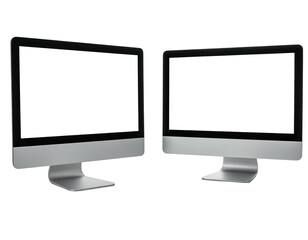 Two modern desktop computers with blank white screens