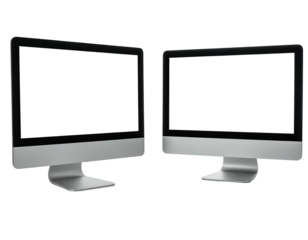 Two modern desktop computers with blank white screens