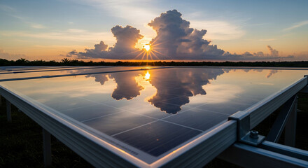 Golden hues of dawn illuminate an expansive solar energy farm, reflecting dramatically on rows of photovoltaic panels under a vast, cloud-filled sky