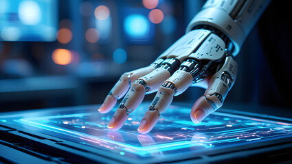 A sophisticated robotic hand interacts with a glowing digital interface, symbolizing advancements in artificial intelligence and future technology