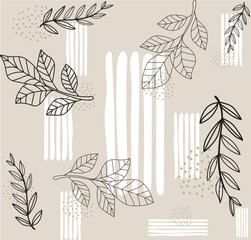 Elegant boho seamless pattern with black leaf line art, white strokes, and dots on beige. Minimalist botanical background for modern textiles, stylish wallpapers, and creative packaging designs