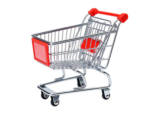 Miniature metal shopping cart with red accents against a black background