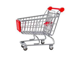 Small, metallic shopping cart with red accents, isolated on black