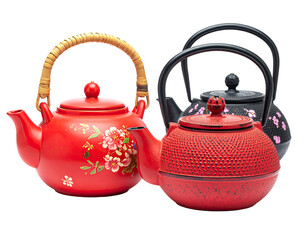 Three colorful teapots with varying styles and handle designs on a black background