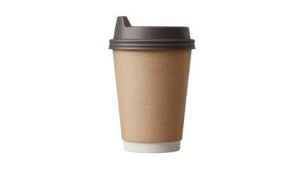 Brown disposable coffee cup with gray lid isolated on transparent background