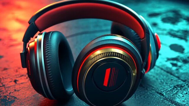 Close-up of modern black and red headphones with gold accents on a textured surface under dramatic lighting.