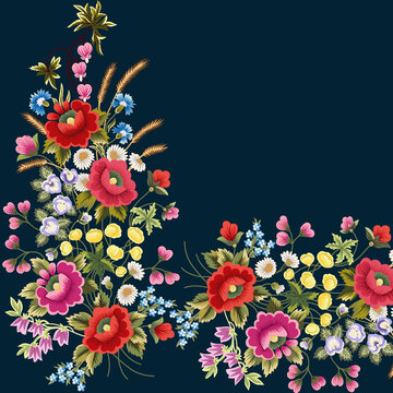 Vintage floral border with colorful wildflowers on dark blue background