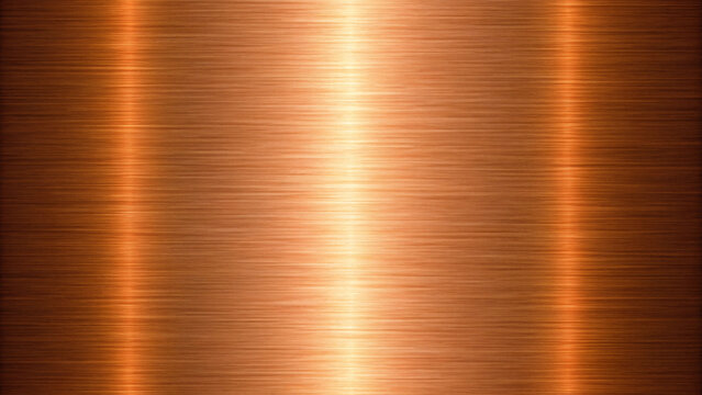 A high-resolution texture of a vertically brushed copper or bronze metal plate with realistic light reflections and sheen.