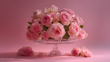 Abundant pink roses in a glass cake stand with scattered petals