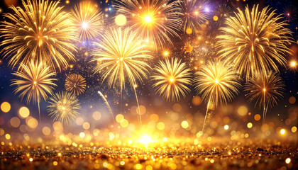 Spectacular golden fireworks burst over a shimmering glitter foreground with soft light effects.