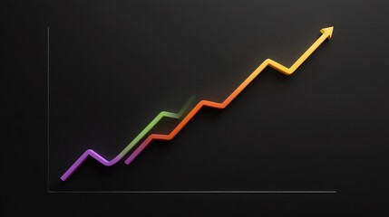 Colorful abstract upward trend line graph with dynamic arrow reflecting success, growth, and positive financial performance on a dark background