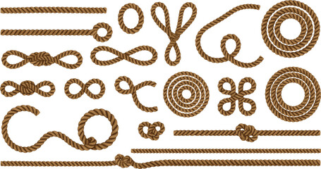 Nautical rope knots vector set with twisted cords, loops and coils, realistic marine rope elements isolated on white background © Rubya
