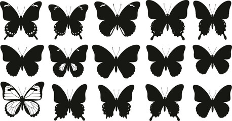Butterfly silhouettes collection grid, diverse wing shape comparison, insect classification illustration, nature entomology study design, unique patterned butterfly art © Asif's Creatives