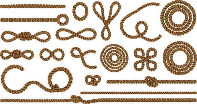 Nautical rope knots vector set with twisted cords, loops and coils, realistic marine rope elements isolated on white background