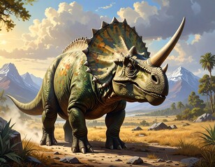 Fototapeta premium Large, three-horned dinosaur walking through a prehistoric landscape