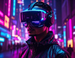 Man in VR headset explores a neon-lit cyberpunk city at night