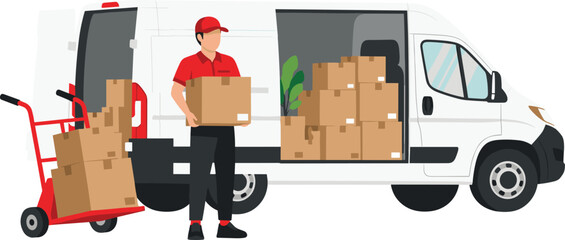 Delivery man with cargo van, courier service illustration, logistics and transportation, package shipping, moving boxes, express delivery, warehouse distribution, cartoon © Asif's Creatives