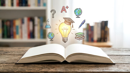 Open Book with Educational Icons for Knowledge, Learning, and Future Success