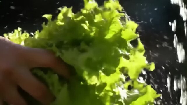 Close-up shot of a hand washing fresh green lettuce leaves under running water, healthy food preparation concept